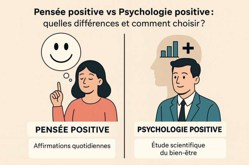 Infographie pensée positive vs psychologie positive pour améliorer le bien-être