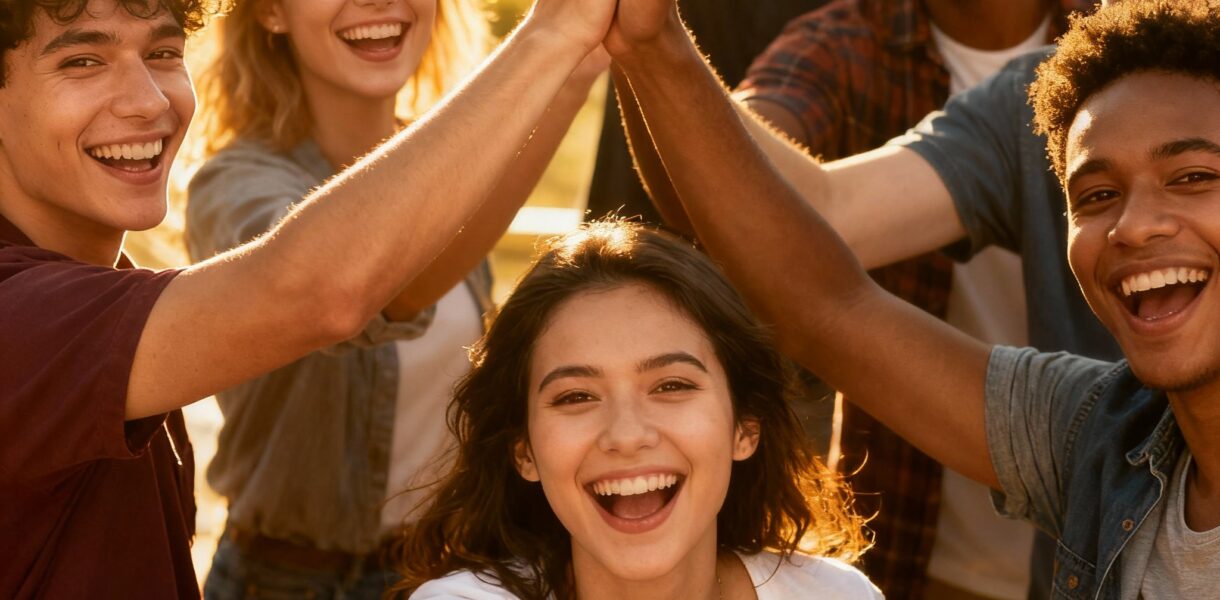 Groupe diversifié de personnes souriantes dans un environnement lumineux, exprimant la joie et une attitude positive, avec des gestes d'encouragement et une ambiance chaleureuse, illustrant les 7 habitudes des personnes vraiment positives.