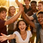 Groupe diversifié de personnes souriantes dans un environnement lumineux, exprimant la joie et une attitude positive, avec des gestes d'encouragement et une ambiance chaleureuse, illustrant les 7 habitudes des personnes vraiment positives.