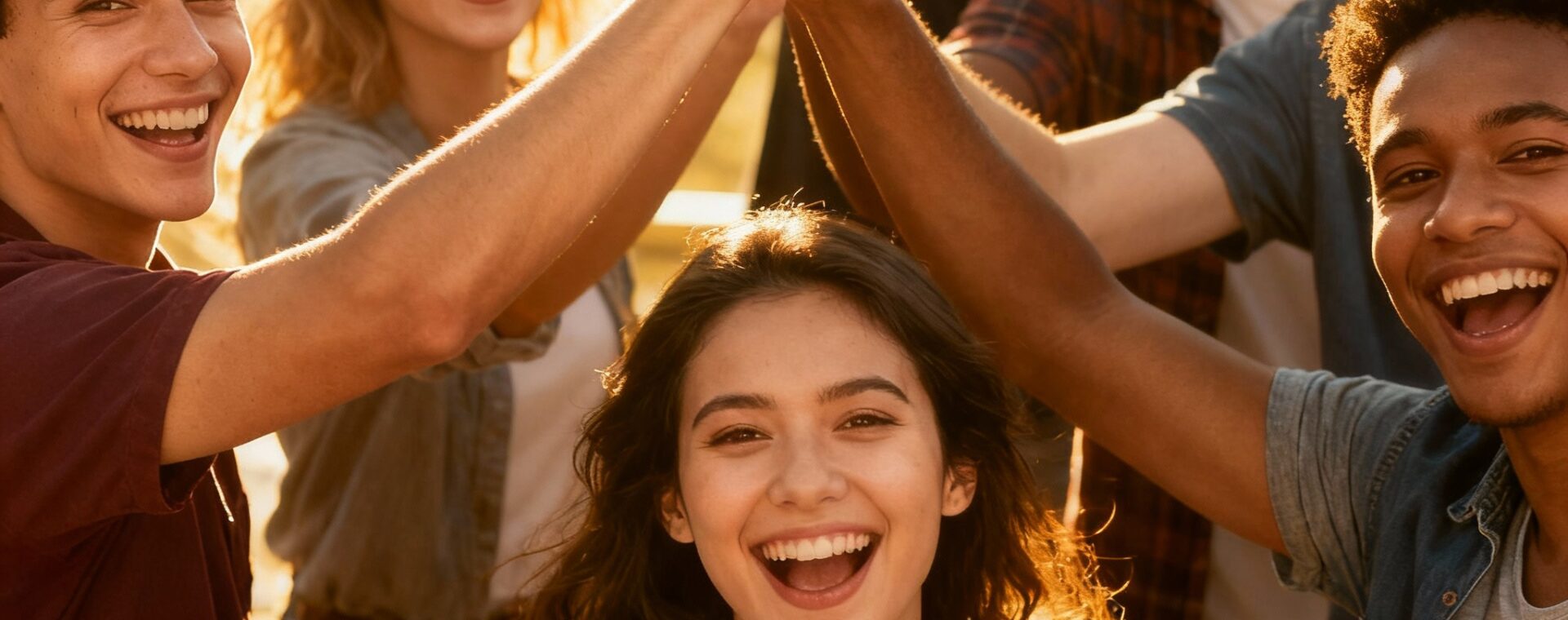 Groupe diversifié de personnes souriantes dans un environnement lumineux, exprimant la joie et une attitude positive, avec des gestes d'encouragement et une ambiance chaleureuse, illustrant les 7 habitudes des personnes vraiment positives.