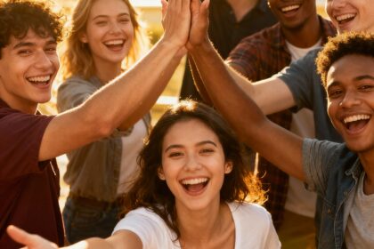 Groupe diversifié de personnes souriantes dans un environnement lumineux, exprimant la joie et une attitude positive, avec des gestes d'encouragement et une ambiance chaleureuse, illustrant les 7 habitudes des personnes vraiment positives.