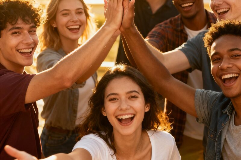 Groupe diversifié de personnes souriantes dans un environnement lumineux, exprimant la joie et une attitude positive, avec des gestes d'encouragement et une ambiance chaleureuse, illustrant les 7 habitudes des personnes vraiment positives.