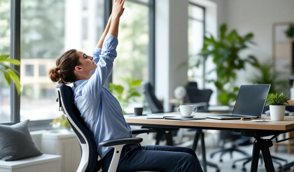une personne assise à son bureau qui tend les bras vers le haut pour s'étirer