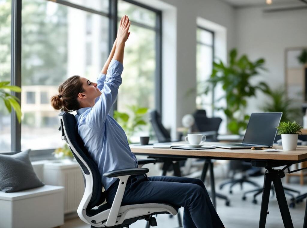 une personne assise à son bureau qui tend les bras vers le haut pour s'étirer
