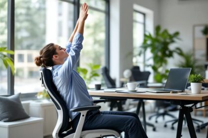 une personne assise à son bureau qui tend les bras vers le haut pour s'étirer