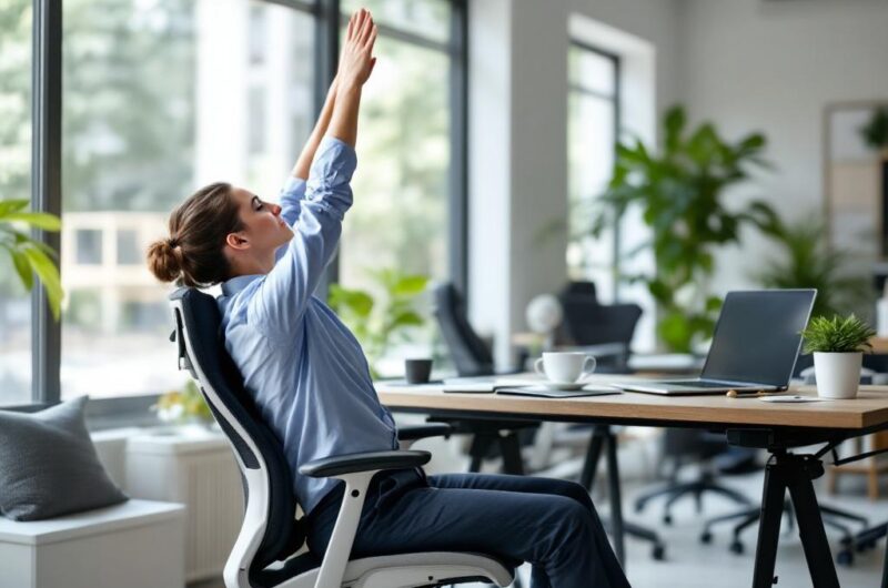 une personne assise à son bureau qui tend les bras vers le haut pour s'étirer