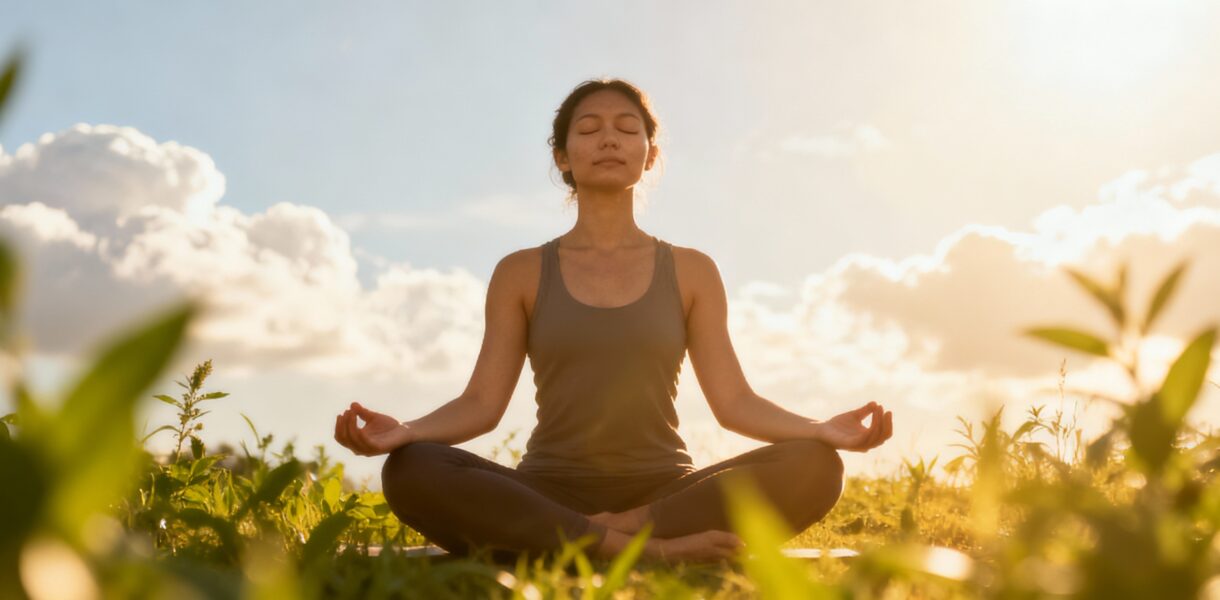 L’image montre une personne assise en tailleur dans la nature, les mains reposant sur les genoux, en train de pratiquer des exercices de respiration ou de méditation au lever ou au coucher du soleil, avec une lumière douce filtrée par les nuages et une végétation verdoyante au premier plan.