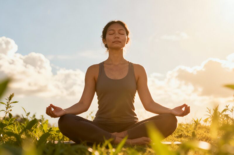 L’image montre une personne assise en tailleur dans la nature, les mains reposant sur les genoux, en train de pratiquer des exercices de respiration ou de méditation au lever ou au coucher du soleil, avec une lumière douce filtrée par les nuages et une végétation verdoyante au premier plan.