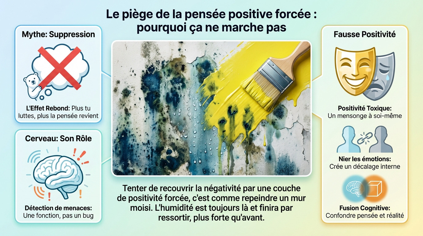 Illustration symbolique montrant l'épuisement mental causé par la lutte contre les pensées négatives et l'échec de la positivité forcée