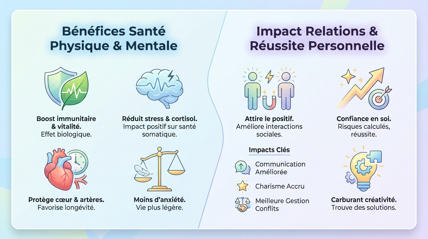 Infographie détaillant les avantages de l'optimisme sur la santé et le bien-être