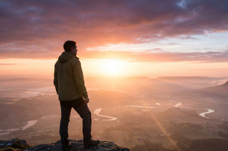 A gender-neutral individual stands on a cliff, back to viewer, watching a radiant sunrise paint a vast, misty landscape with golden light.