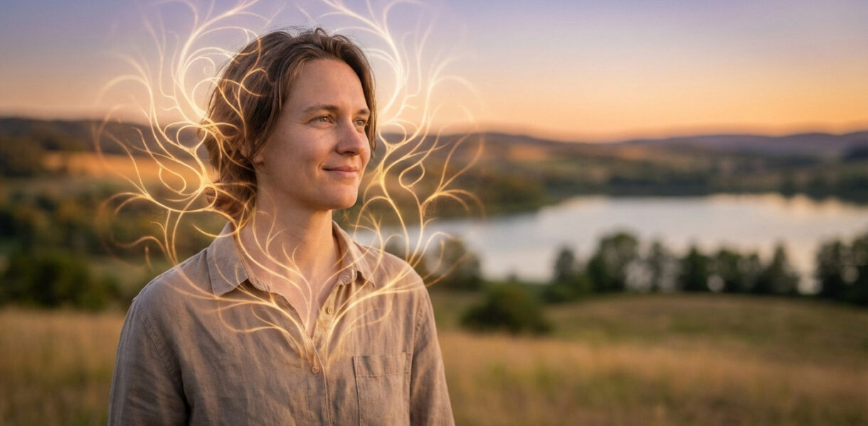 Gender-neutral figure with glowing neural patterns, serene smile, looking at a beautiful golden hour landscape with lake and hills.