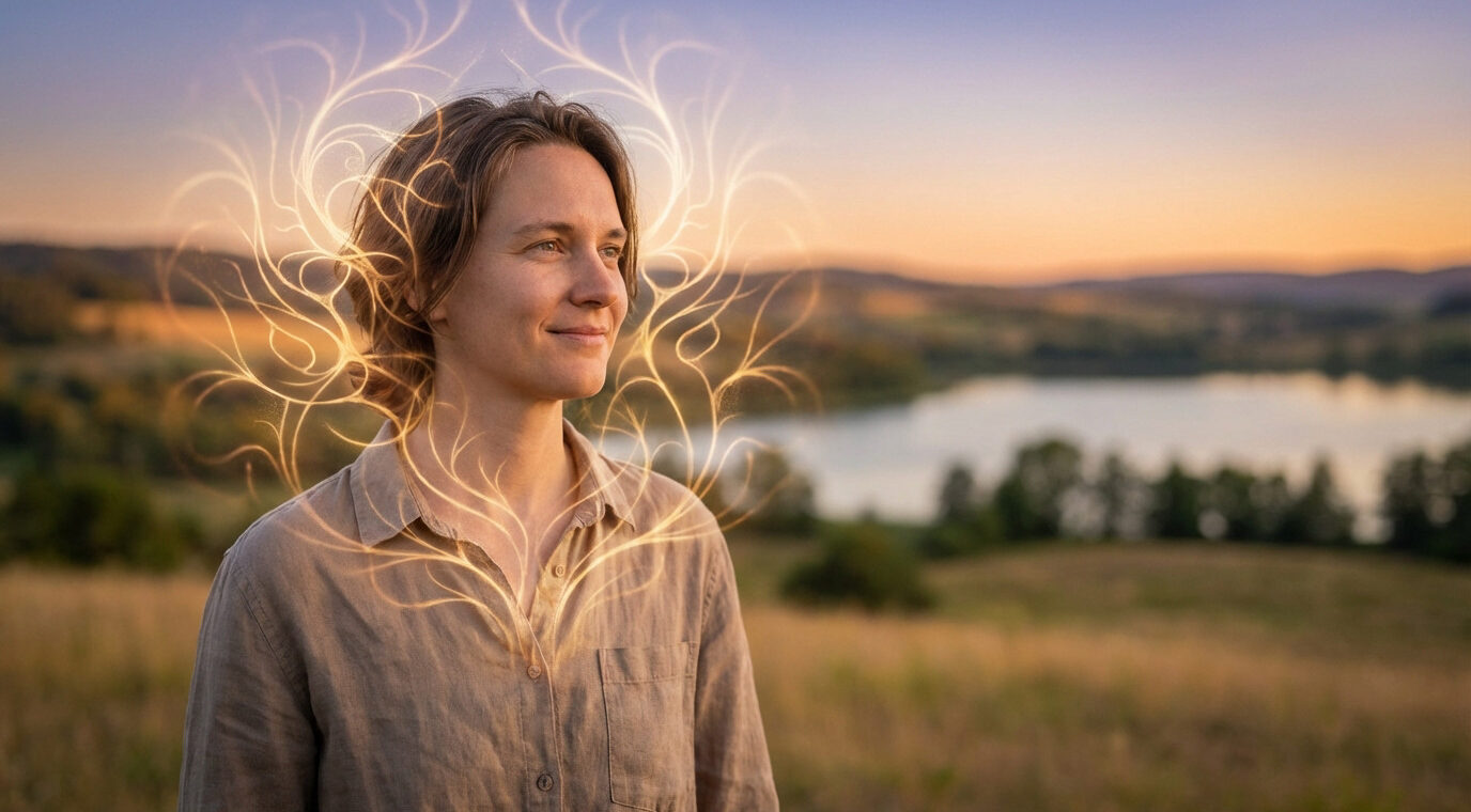Gender-neutral figure with glowing neural patterns, serene smile, looking at a beautiful golden hour landscape with lake and hills.