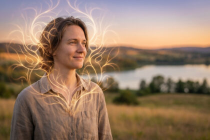 Gender-neutral figure with glowing neural patterns, serene smile, looking at a beautiful golden hour landscape with lake and hills.