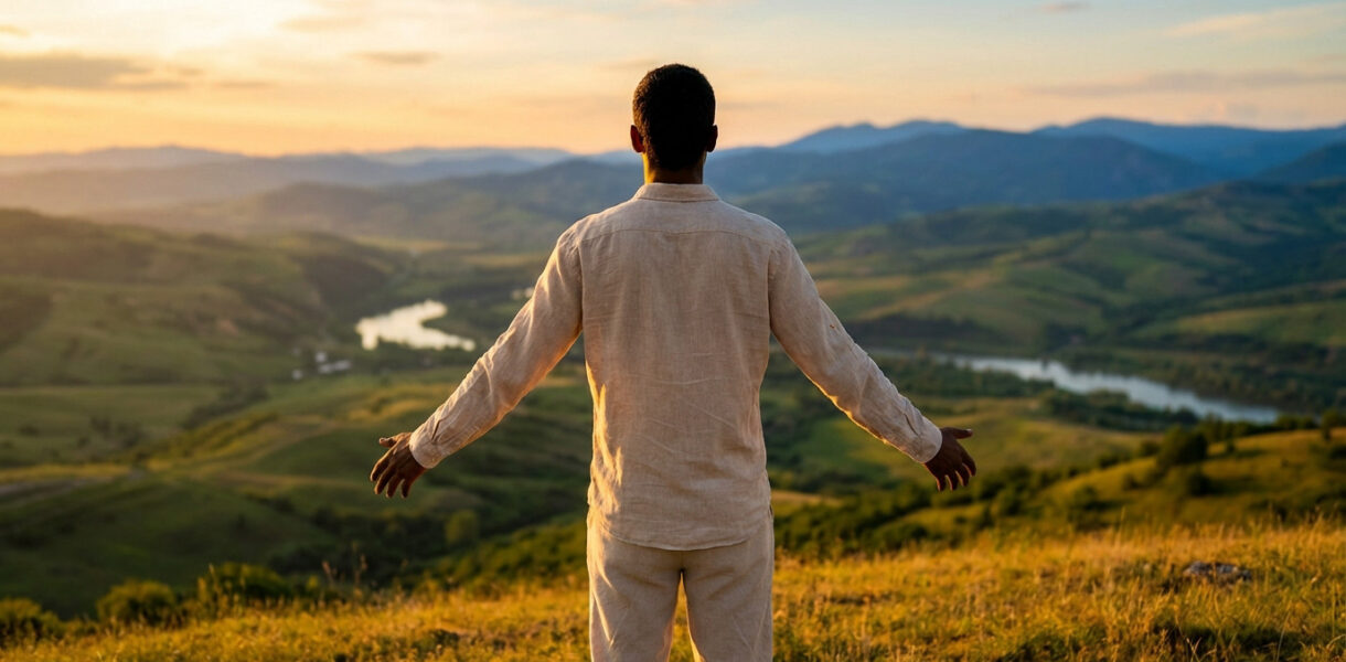 Back view of a person in light clothes on a golden hour hilltop, arms open to a serene landscape with hills, mountains, and river.
