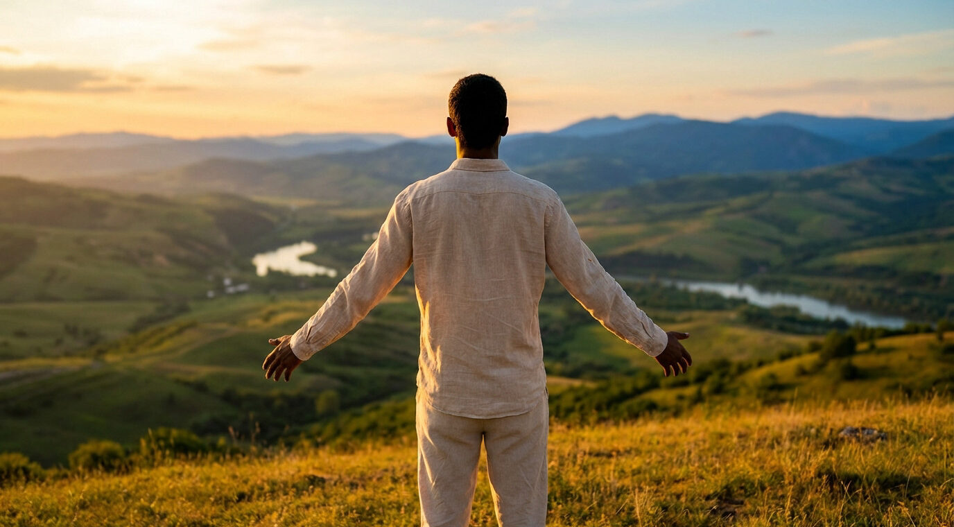 Back view of a person in light clothes on a golden hour hilltop, arms open to a serene landscape with hills, mountains, and river.