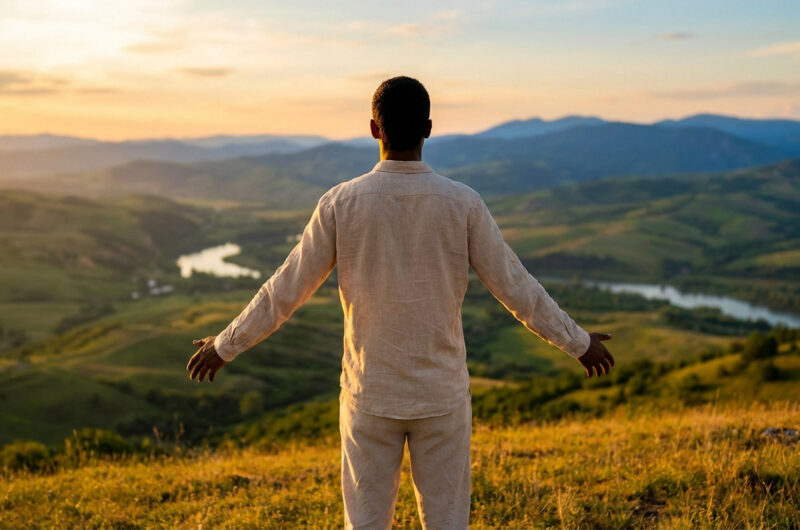 Back view of a person in light clothes on a golden hour hilltop, arms open to a serene landscape with hills, mountains, and river.