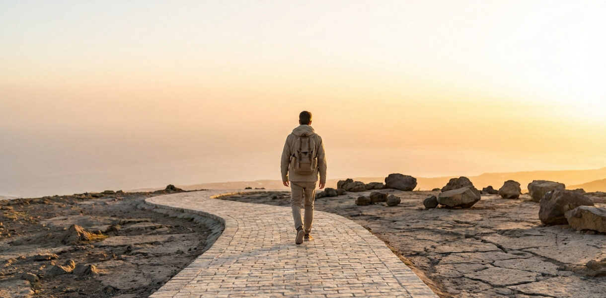 Rear view of a person on a stone path leading to a golden horizon. Rocky ground behind symbolizes past challenges, emphasizing hope.