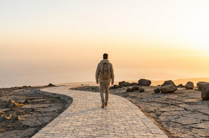 Rear view of a person on a stone path leading to a golden horizon. Rocky ground behind symbolizes past challenges, emphasizing hope.