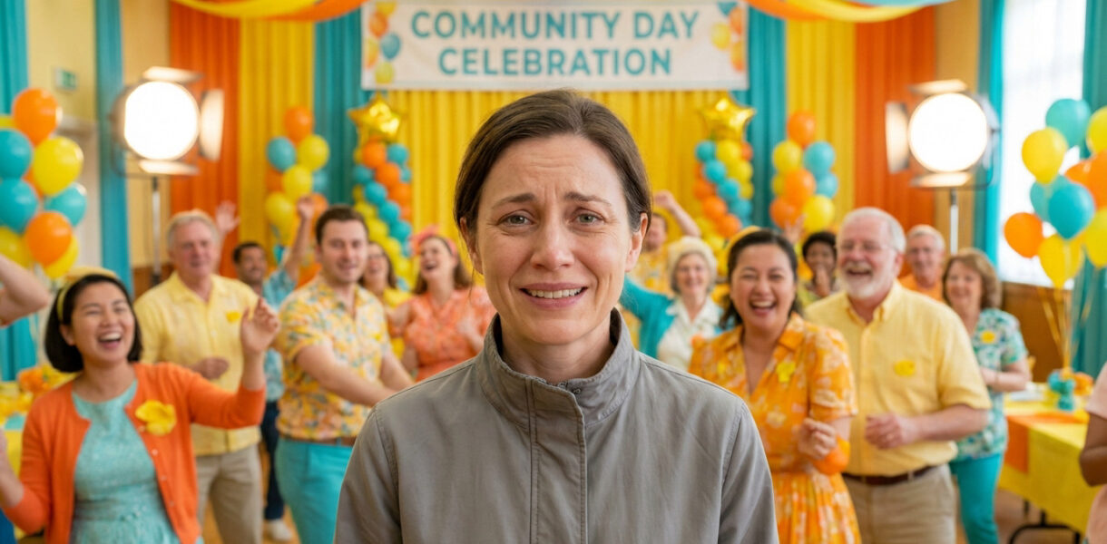 Mid-shot of a woman with a forced smile and sad eyes, surrounded by an overly bright, colorful community celebration with blurred happy figures.