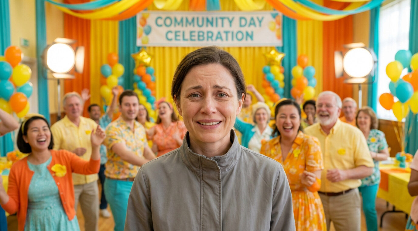 Mid-shot of a woman with a forced smile and sad eyes, surrounded by an overly bright, colorful community celebration with blurred happy figures.