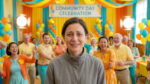 Mid-shot of a woman with a forced smile and sad eyes, surrounded by an overly bright, colorful community celebration with blurred happy figures.