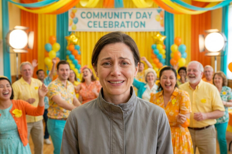Mid-shot of a woman with a forced smile and sad eyes, surrounded by an overly bright, colorful community celebration with blurred happy figures.