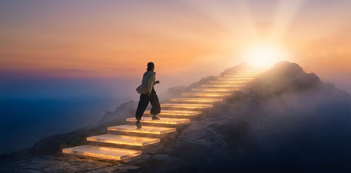 Silhouette monte des escaliers lumineux sur une montagne brumeuse vers une lumière éclatante, symbolisant l'effort et le succès des habitudes.