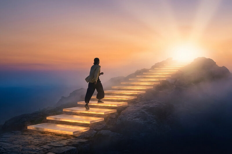 Silhouette monte des escaliers lumineux sur une montagne brumeuse vers une lumière éclatante, symbolisant l'effort et le succès des habitudes.