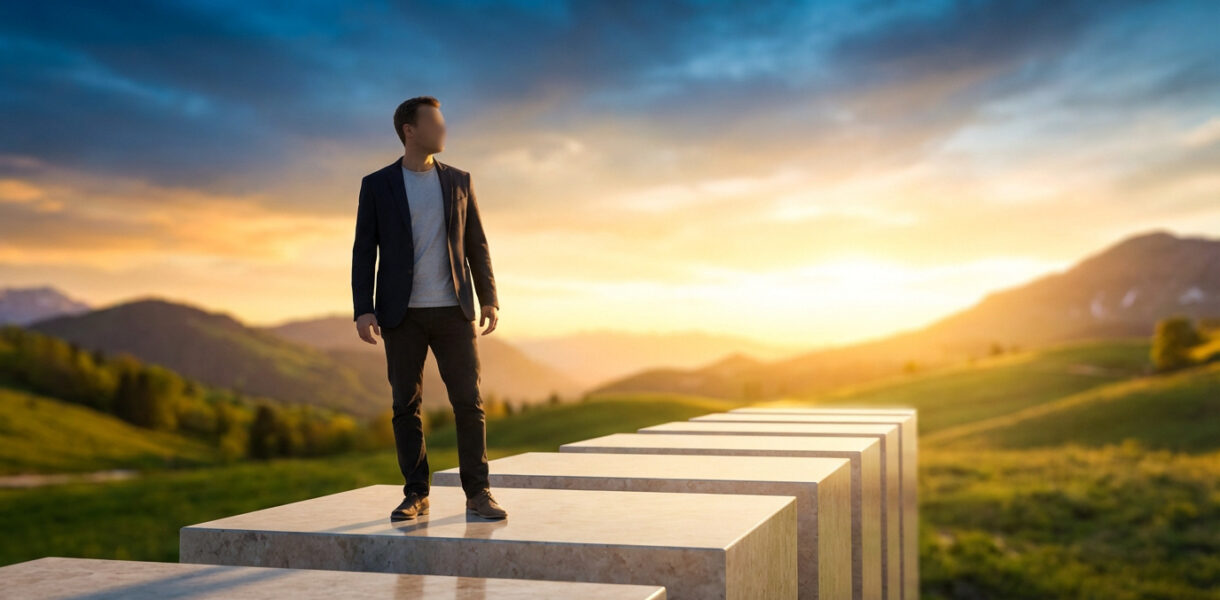 Homme sur des marches, face à un soleil levant sur un paysage vallonné, symbolisant un chemin de vie ou de progrès.