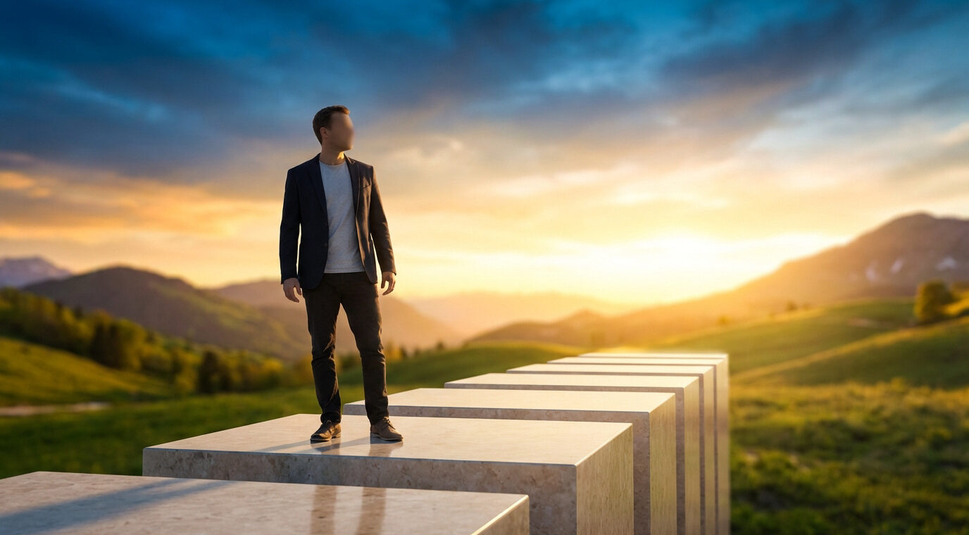 Homme sur des marches, face à un soleil levant sur un paysage vallonné, symbolisant un chemin de vie ou de progrès.