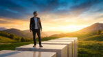 Homme sur des marches, face à un soleil levant sur un paysage vallonné, symbolisant un chemin de vie ou de progrès.