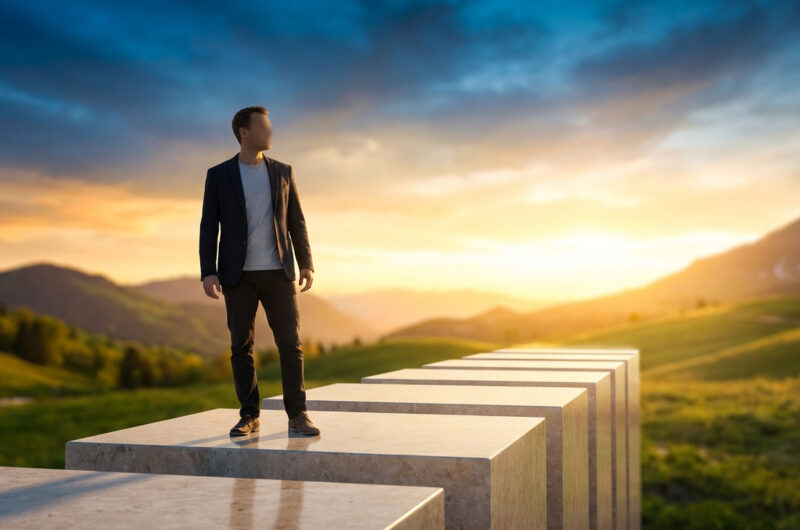 Homme sur des marches, face à un soleil levant sur un paysage vallonné, symbolisant un chemin de vie ou de progrès.