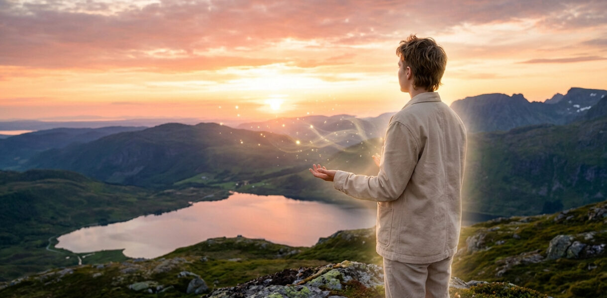 Un homme en contemplation face à un lever de soleil sur des montagnes et un lac. Des étincelles lumineuses émanent de ses mains ouvertes.