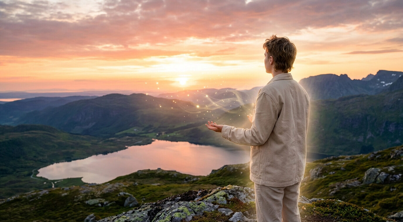 Un homme en contemplation face à un lever de soleil sur des montagnes et un lac. Des étincelles lumineuses émanent de ses mains ouvertes.