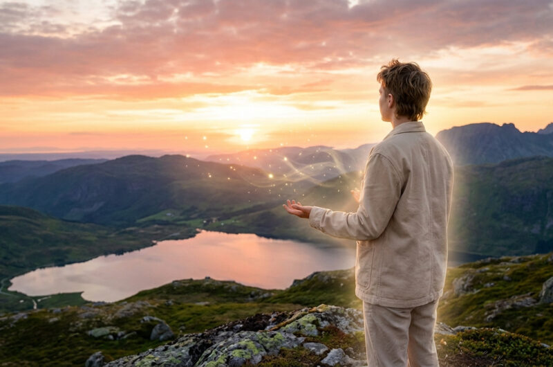 Un homme en contemplation face à un lever de soleil sur des montagnes et un lac. Des étincelles lumineuses émanent de ses mains ouvertes.