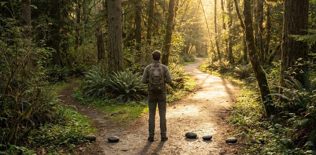 Homme avec un sac à dos à un carrefour de sentiers forestiers. Le soleil filtre à travers les arbres, illuminant sa décision.