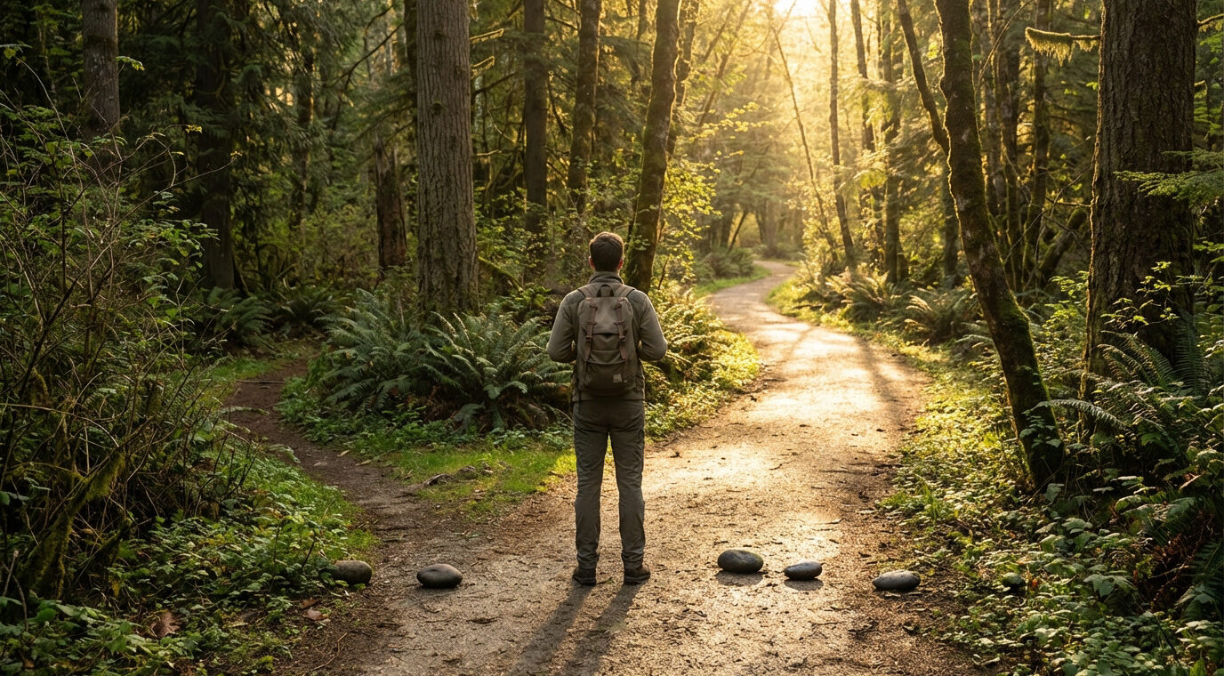 Homme avec un sac à dos à un carrefour de sentiers forestiers. Le soleil filtre à travers les arbres, illuminant sa décision.