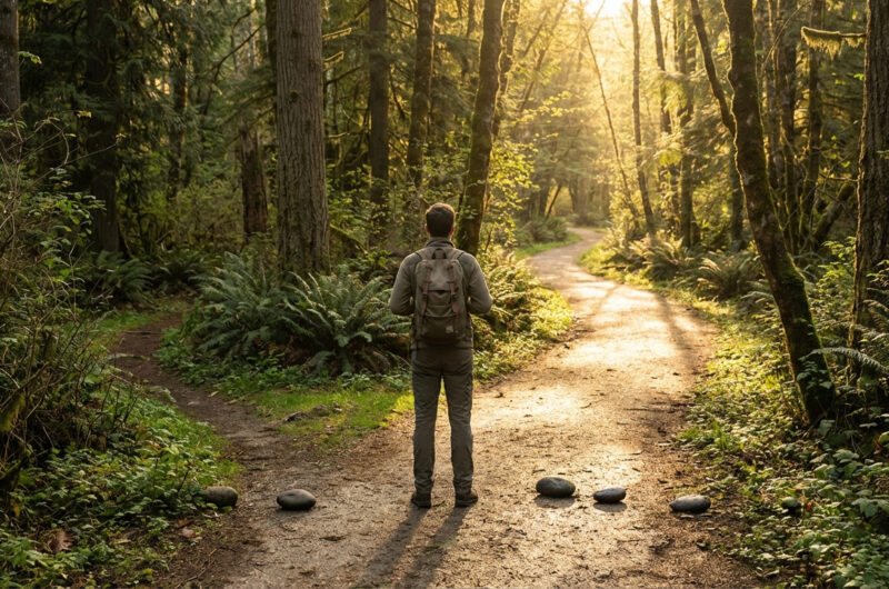 Homme avec un sac à dos à un carrefour de sentiers forestiers. Le soleil filtre à travers les arbres, illuminant sa décision.