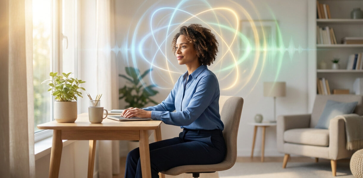 Femme souriante au bureau, entourée d'orbes lumineux et ondes sonores. Représente la concentration et le boost mental par affirmations.