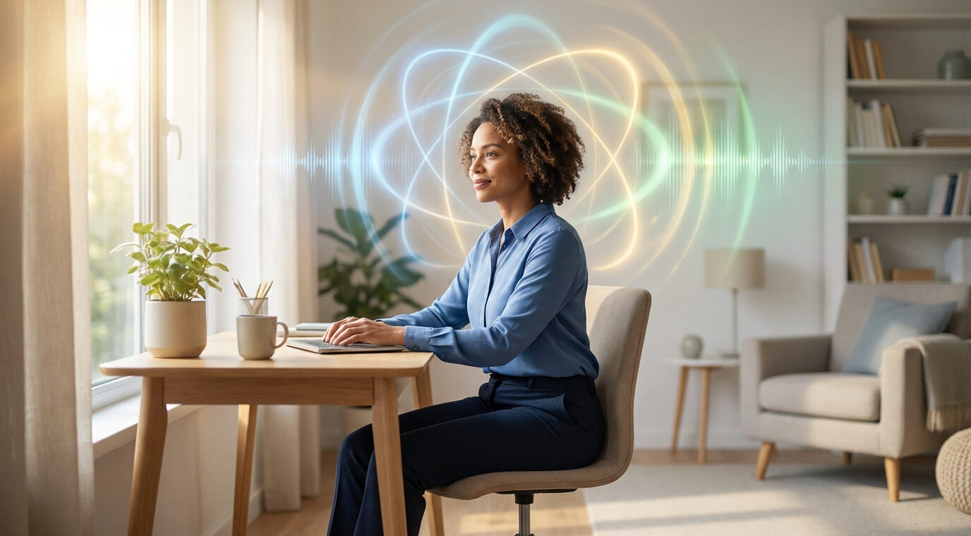 Femme souriante au bureau, entourée d'orbes lumineux et ondes sonores. Représente la concentration et le boost mental par affirmations.