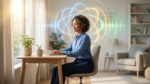 Femme souriante au bureau, entourée d'orbes lumineux et ondes sonores. Représente la concentration et le boost mental par affirmations.