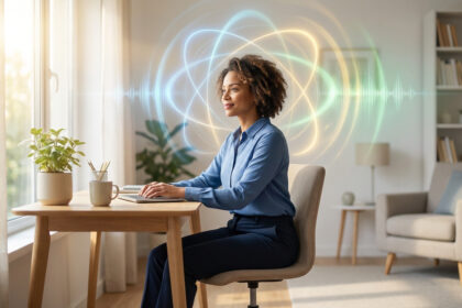 Femme souriante au bureau, entourée d'orbes lumineux et ondes sonores. Représente la concentration et le boost mental par affirmations.
