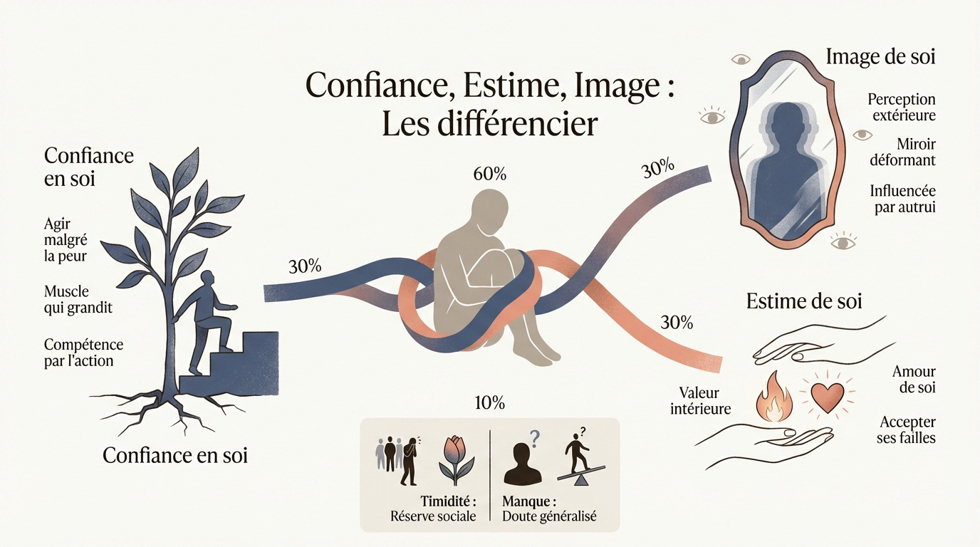 Schéma illustrant les différences entre la confiance en soi, l'estime de soi et l'image de soi