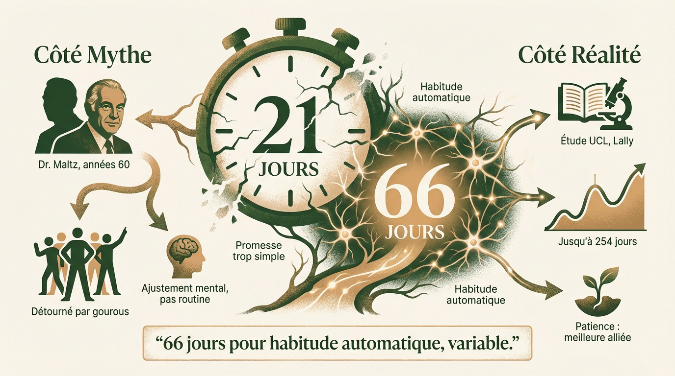 Graphique comparant le mythe des 21 jours à la réalité scientifique des <strong>66 jours</strong>« ></p>
<h3>L&rsquo;imposture historique du docteur Maxwell Maltz</h3>
<p>Maxwell Maltz, chirurgien des années 60, remarquait que ses patients mettaient <strong>21 jours pour s&rsquo;habituer à leur nouveau visage</strong>. C&rsquo;était une observation clinique.</p>
<p>Cette observation fut sortie de son contexte par les gourous du succès. C&rsquo;est devenu une <strong>vérité absolue alors que c&rsquo;était un minimum</strong>.</p>
<p>Maltz parlait d&rsquo;<strong>ajustement mental et non de routine complexe</strong>. Cette nuance est pourtant fondamentale pour comprendre l&rsquo;échec de tes résolutions.</p>
<p>Le marketing a déformé ce chiffre. On nous a vendu une <strong>promesse trop simple</strong>.</p>
<div class=