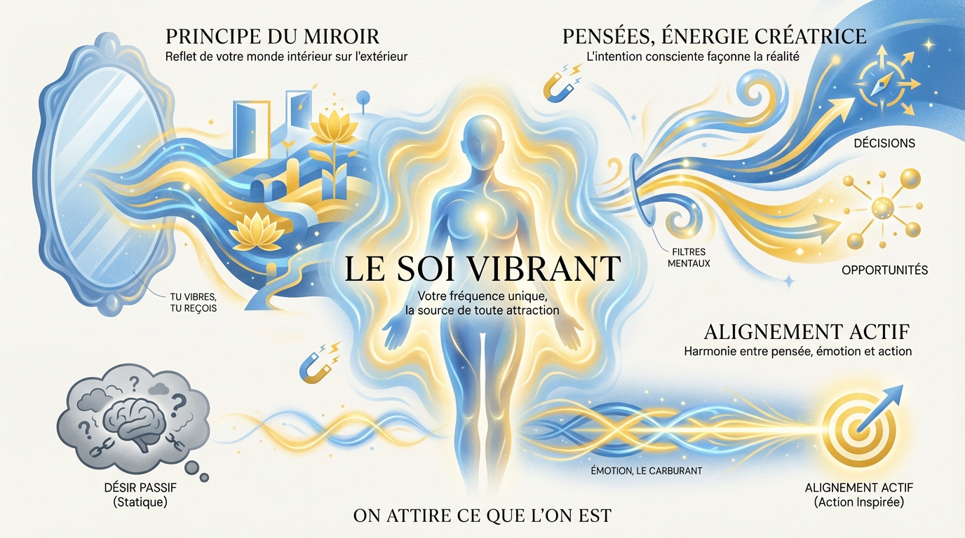 Illustration d'une personne rayonnante symbolisant l'attraction consciente et l'énergie positive