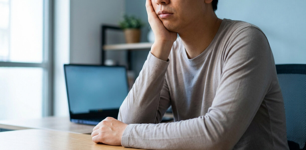 Un homme, la main sous le menton, semble fatigué ou las devant son ordinateur portable au bureau, un signe de burn-out.