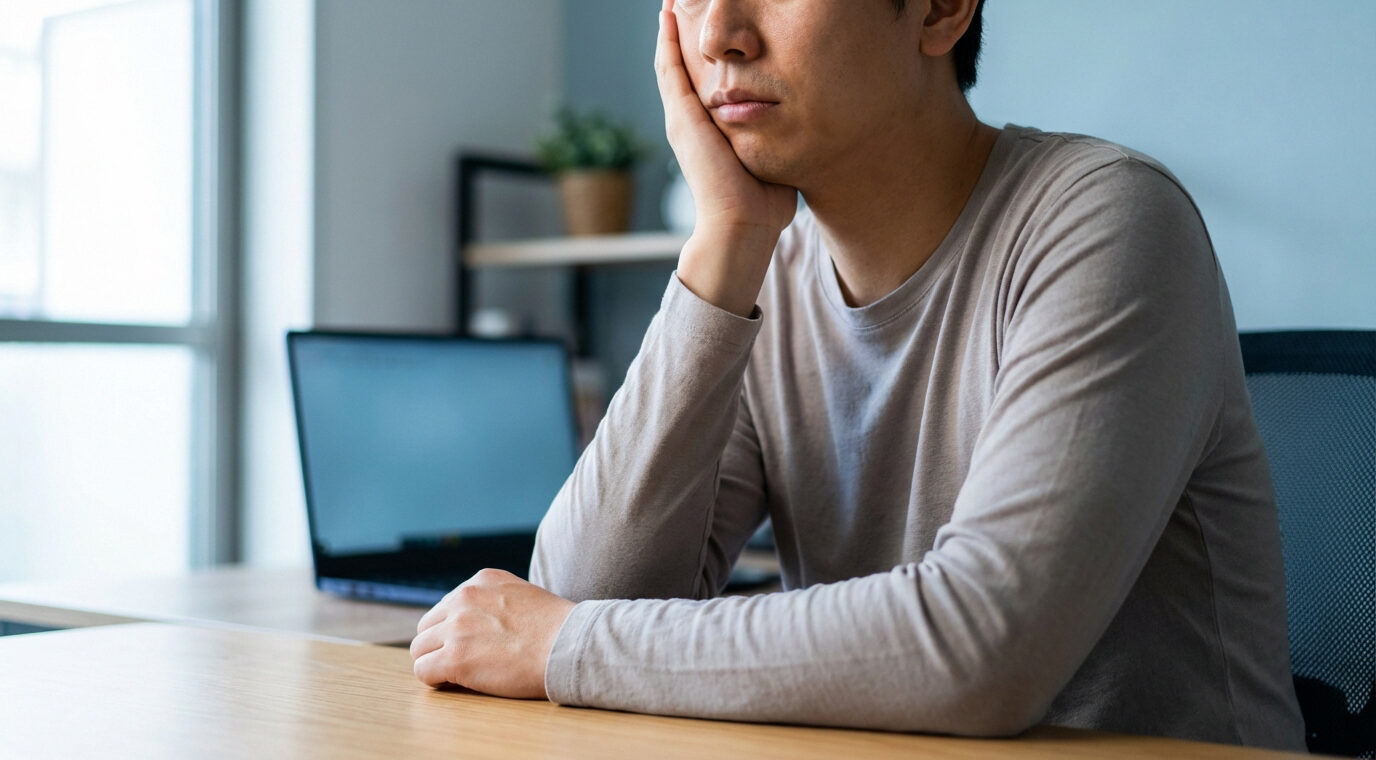 Un homme, la main sous le menton, semble fatigué ou las devant son ordinateur portable au bureau, un signe de burn-out.