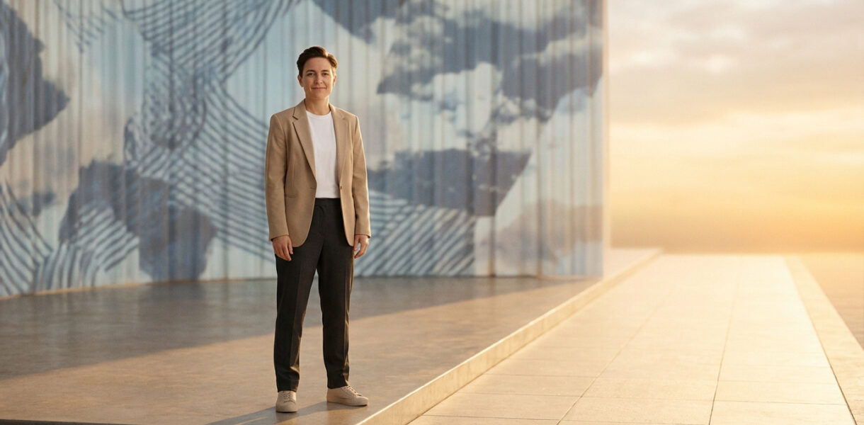 Femme aux cheveux courts, blazer beige et pantalon sombre, souriante et confiante, debout sur une plateforme devant un mur abstrait et un ciel doré.