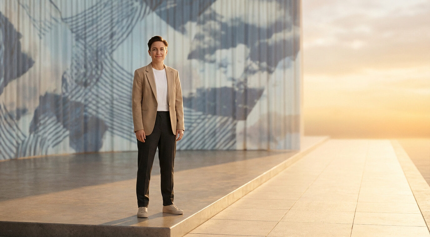 Femme aux cheveux courts, blazer beige et pantalon sombre, souriante et confiante, debout sur une plateforme devant un mur abstrait et un ciel doré.
